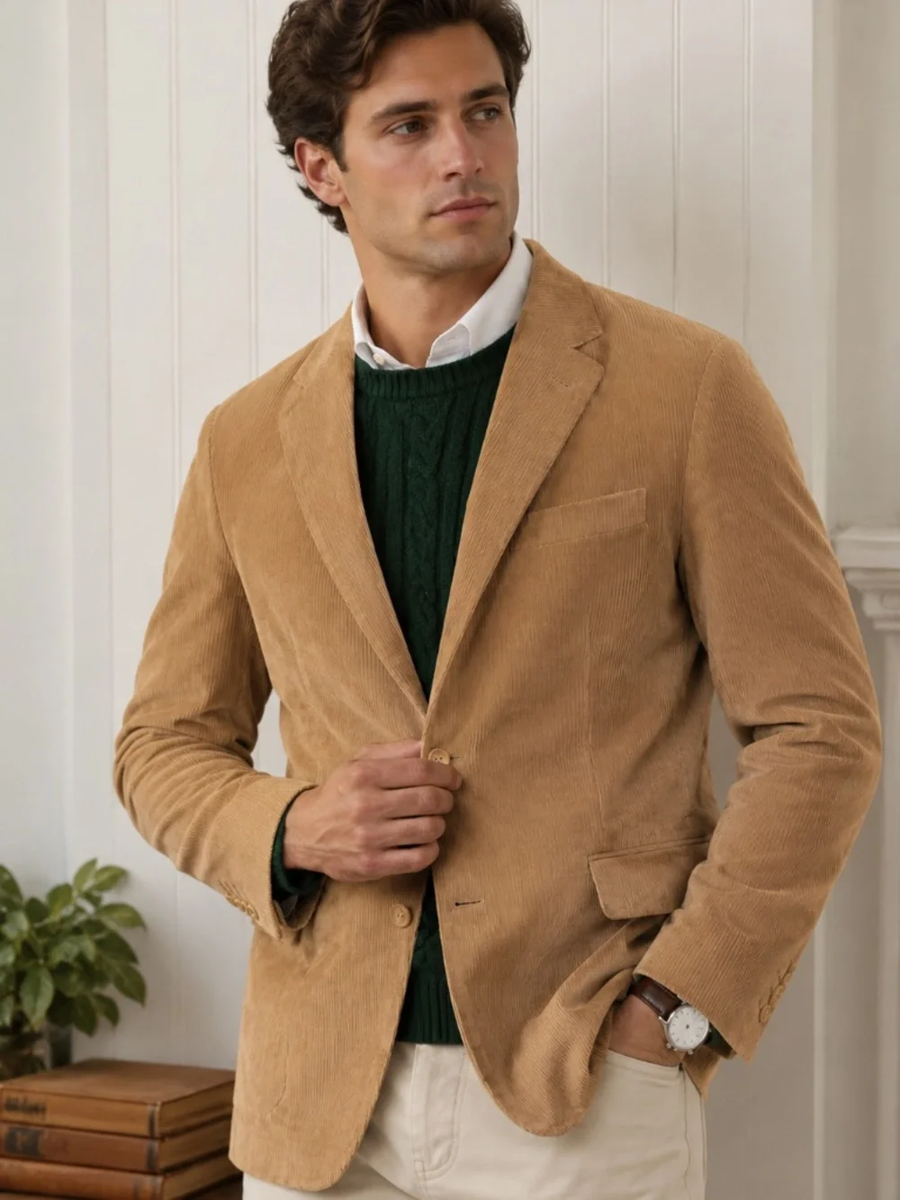 Lands’ End Mens Corduroy Tan Blazer Size 42 Long Light Academia Ivy League Retro